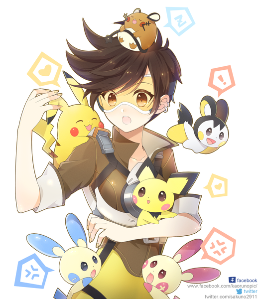 Anime picture 1200x1383 with pokemon overwatch pokemon (game) pokemon xy nintendo blizzard entertainment pikachu tracer (overwatch) emolga pichu minun plusle dedenne atobesakunolove single tall image short hair open mouth simple background brown hair