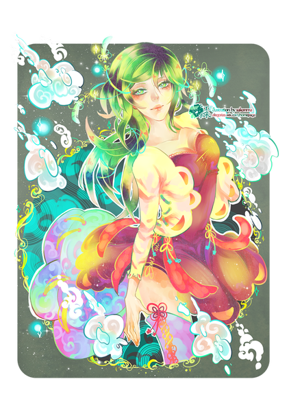 Anime picture 800x1137 with original shinkami long hair tall image looking at viewer green eyes cloud (clouds) green hair sparkle transparent background framed lacing girl thighhighs dress skirt cape feather (feathers)