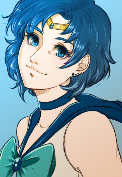 Anime picture 3425x4960 with bishoujo senshi sailor moon toei animation mizuno ami sailor mercury orcaj single tall image looking at viewer highres short hair blue eyes simple background smile blue hair absurdres light smile sleeveless piercing portrait ear piercing