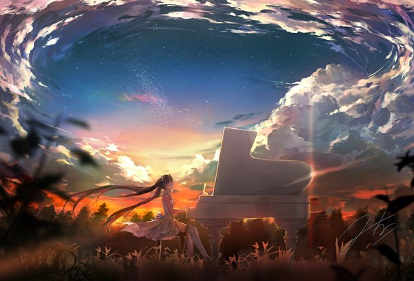 Anime picture 1052x717 with original mimi n (futarinokizuna) single long hair fringe sitting twintails sky cloud (clouds) profile evening glow playing instrument girl thighhighs dress plant (plants) white thighhighs white dress star (stars)