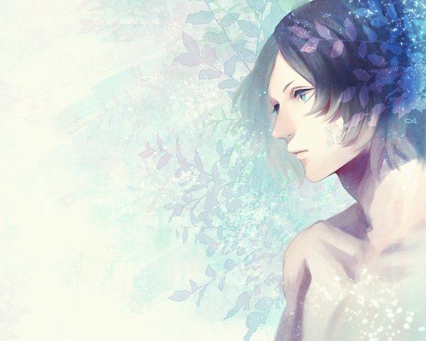 Anime picture 1000x800 with original kurayoshi samu (sum) single short hair blue eyes bare shoulders blue hair topless boy leaf (leaves)