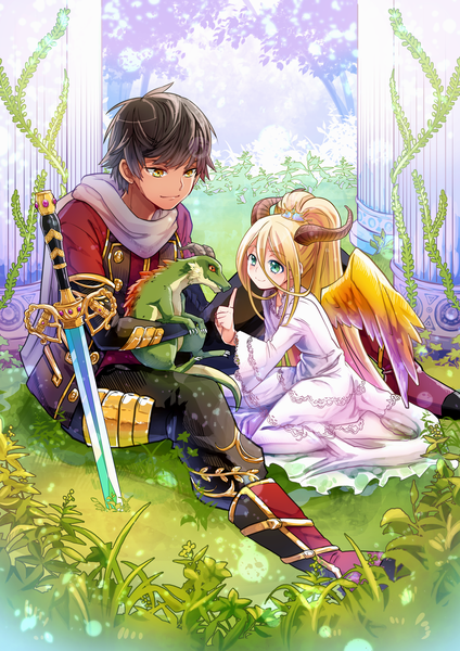 Anime picture 2046x2894 with original 778-go long hair tall image highres short hair black hair blonde hair sitting green eyes yellow eyes looking away ponytail horn (horns) girl dress boy weapon plant (plants) sword