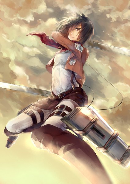 Anime picture 1000x1414 with shingeki no kyojin production i.g mikasa ackerman shinta hoshi-to single tall image looking at viewer fringe short hair black hair holding brown eyes sky cloud (clouds) wind hair over one eye open clothes open jacket dual wielding girl