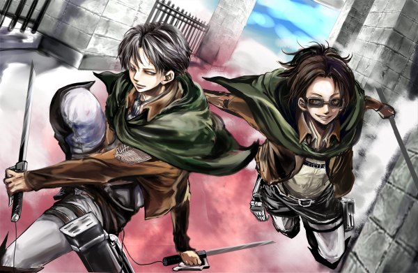 Anime picture 1200x782 with shingeki no kyojin production i.g levi (rivaille) hange zoe puchibuta short hair blue eyes black hair smile holding brown eyes looking away sky dual wielding girl boy weapon sword glasses jacket