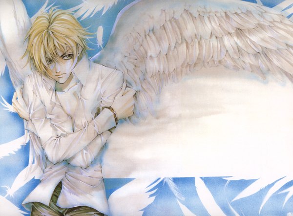Anime picture 3384x2494 with angel sanctuary mudou setsuna highres short hair blonde hair yellow eyes absurdres open clothes open shirt wallpaper angel wings boy feather (feathers)