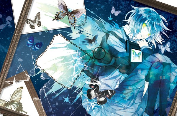 Anime picture 1180x778 with original ta eiko single looking at viewer short hair yellow eyes blue hair tears on side blue background crying embryo's pose broken glass girl thighhighs skirt black thighhighs shirt insect butterfly