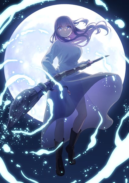 Anime picture 1191x1684 with sousou no frieren fern (sousou no frieren) daichi (hayate1328) single long hair tall image looking at viewer purple eyes purple hair full body magic midair girl dress white dress moon knee boots full moon staff