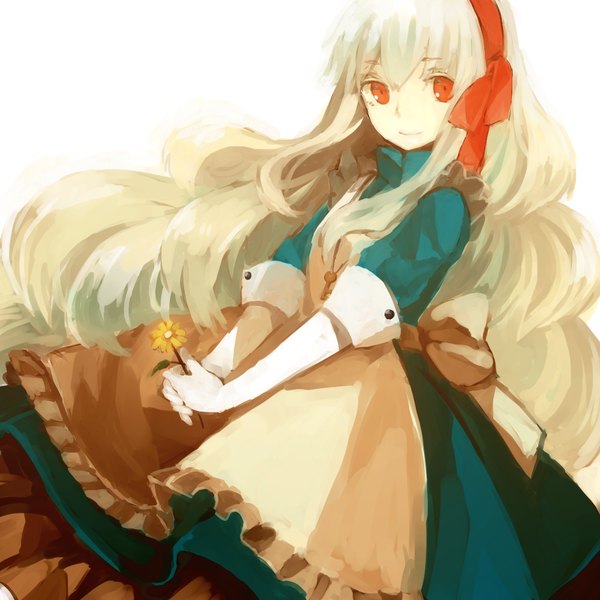 Anime picture 1000x1000 with kagerou project shaft (studio) pixiv mary (kagerou project) lemontea single long hair looking at viewer fringe blonde hair smile red eyes white hair albino girl dress flower (flowers) bow ribbon (ribbons) hair ribbon