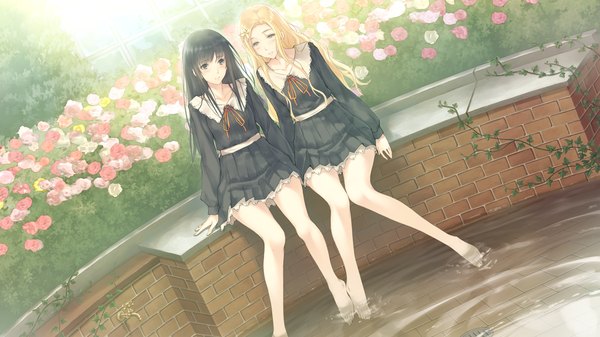 Anime picture 1280x720 with flowers (innocent grey) innocent grey shirahane suou long hair blush black hair blonde hair wide image sitting multiple girls game cg barefoot black eyes bare legs dutch angle holding hands knees together feet apart girl dress uniform