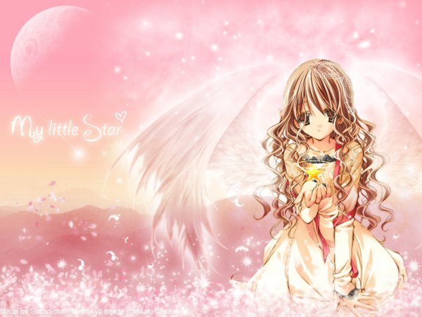 Anime picture 1280x960 with strawberry panic madhouse byakudan kagome susan-chan single long hair looking at viewer brown hair brown eyes wavy hair third-party edit girl dress wings moon star (stars) full moon