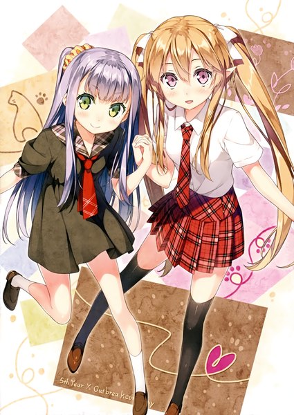 Anime picture 2126x3000 with outbreak company feel (studio) myucel foalan petralka anne eldant iii kantoku long hair tall image looking at viewer blush highres smile brown hair purple eyes twintails multiple girls green eyes silver hair pointy ears scan girl