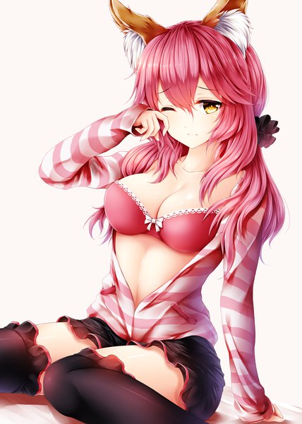 Anime picture 1284x1800 with fate (series) fate/grand order tamamo (fate) (all) tamamo no mae (fate) wsman single long hair tall image looking at viewer blush fringe breasts light erotic simple background hair between eyes large breasts white background sitting animal ears yellow eyes