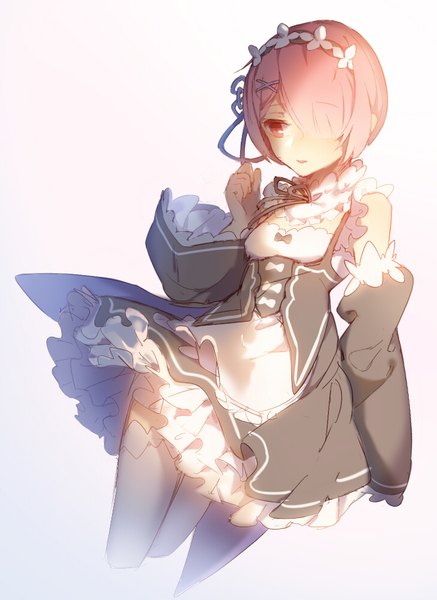 Anime picture 726x996 with re:zero kara hajimeru isekai seikatsu white fox ram (re:zero) nomi (15175687) single tall image fringe short hair simple background white background bare shoulders looking away pink hair pink eyes hair over one eye maid girl thighhighs uniform detached sleeves