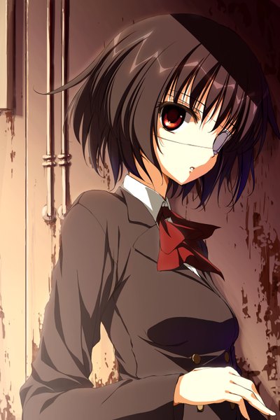 Anime picture 1000x1500 with another p.a. works misaki mei mac-kine single tall image short hair black hair red eyes girl uniform school uniform eyepatch