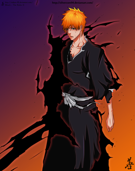 Anime picture 1100x1396 with bleach studio pierrot kurosaki ichigo gold-mk single tall image short hair brown eyes japanese clothes orange hair coloring magic orange background boy belt kimono