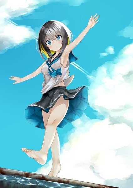 Anime picture 800x1131 with original kavka single tall image looking at viewer blush fringe short hair blue eyes light erotic black hair blonde hair hair between eyes standing signed sky cloud (clouds) full body pleated skirt multicolored hair