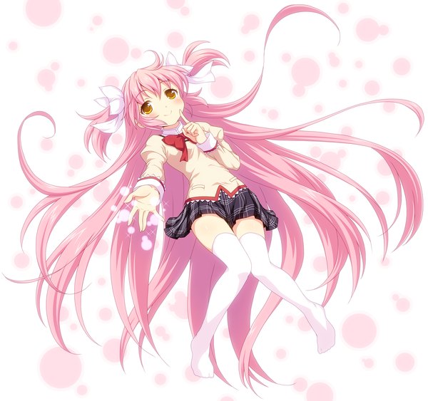 Anime picture 1451x1363 with mahou shoujo madoka magica shaft (studio) kaname madoka goddess madoka yamasan single long hair smile yellow eyes pink hair two side up no shoes girl thighhighs uniform bow school uniform white thighhighs