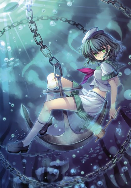 Anime picture 2117x3030 with touhou murasa minamitsu capura lin tall image highres short hair green eyes underwater girl water chain bubble (bubbles) sailor suit anchor