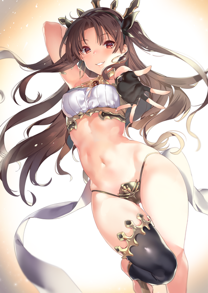 Anime picture 1106x1562 with fate (series) fate/grand order ishtar (fate) yuran (cozyquilt) single long hair tall image looking at viewer light erotic simple background smile red eyes brown hair white background two side up ass visible through thighs arm behind head outstretched hand girl thighhighs