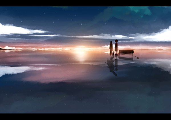 Anime picture 2000x1400 with original machimura komori highres sky cloud (clouds) evening reflection sunset silhouette water star (stars) bench