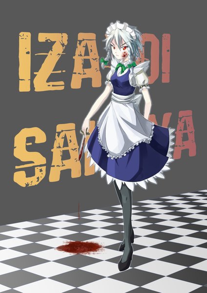 Anime picture 2893x4092 with touhou izayoi sakuya shinebell single tall image highres short hair red eyes white hair inscription grey background maid girl blood apron knife