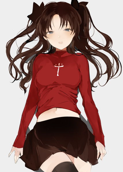 Anime picture 700x984 with fate (series) fate/stay night toosaka rin lpip single long hair tall image looking at viewer fringe breasts open mouth black hair simple background brown eyes long sleeves grey background bare belly :o from below zettai ryouiki