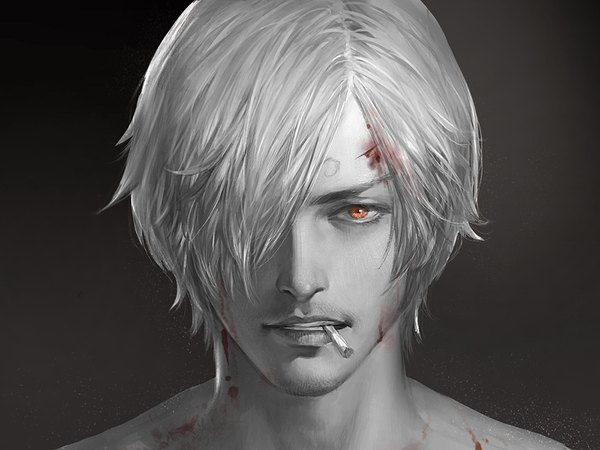 Anime picture 1000x750 with one piece toei animation sanji shitsu soku k single fringe short hair simple background parted lips hair over one eye realistic orange eyes black background monochrome portrait smoking blood on face injury spot color bristle