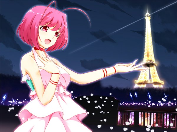 Anime picture 1280x960 with kami nomi zo shiru sekai nakagawa kanon tohoho (hoshinoyami) single short hair open mouth red eyes bare shoulders pink hair ahoge hand on chest girl dress choker bracelet tower eiffel tower