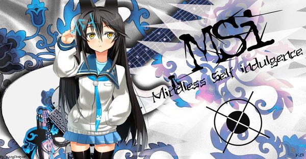 Anime picture 2000x1043 with k.g highres black hair wide image animal ears yellow eyes cat girl girl serafuku musical instrument guitar