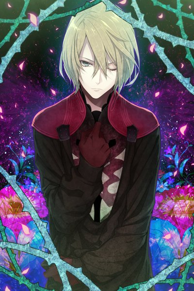 Anime picture 1000x1500 with aquarion (series) aquarion evol satelight jin musou chimachi single tall image looking at viewer fringe short hair blonde hair standing green eyes one eye closed wink hair over one eye grey eyes dark background boy gloves
