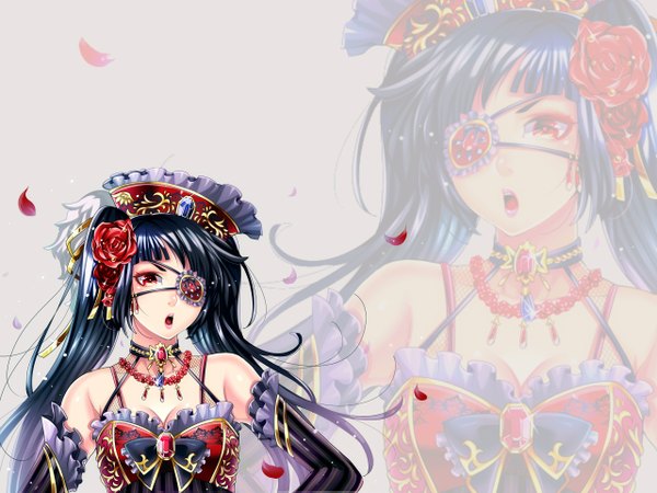 Anime picture 1280x960 with original matsurika youko single long hair fringe open mouth black hair red eyes twintails bare shoulders blue hair hair flower grey background zoom layer girl gloves hair ornament flower (flowers) bow detached sleeves