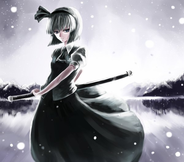 Anime picture 1323x1170 with touhou konpaku youmu paseri single short hair blue eyes sky grey hair snowing winter mountain ready to draw girl skirt bow weapon sword water hairband katana