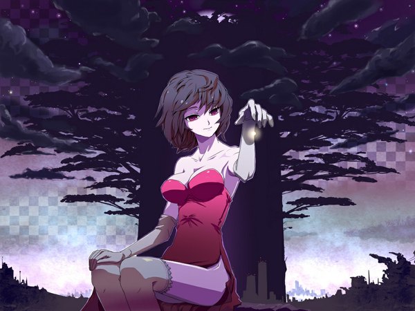 Anime picture 1024x768 with vocaloid meiko haya-g short hair black hair red eyes cloud (clouds) girl thighhighs gloves black thighhighs plant (plants) tree (trees) elbow gloves fireflies