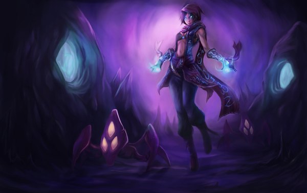 Anime picture 2000x1262 with league of legends malzahar (league of legends) single highres blue eyes purple hair genderswap gloves navel hood