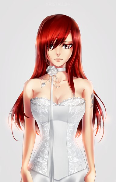 Anime picture 915x1440 with fairy tail erza scarlet kristallin-f (artist) single long hair tall image looking at viewer fringe simple background red eyes white background bare shoulders red hair hair over one eye tattoo girl dress choker