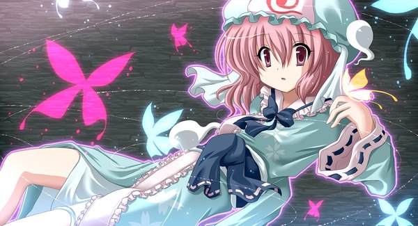 Anime picture 1200x650 with touhou saigyouji yuyuko single short hair red eyes wide image pink hair ghost girl dress bow belt insect butterfly bonnet