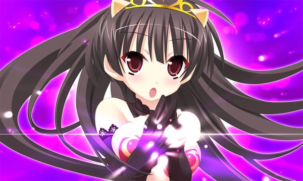 Anime picture 1024x614 with twinkle crusaders twinkle crusaders -passion star stream- iincho (twinkle crusaders -passion star stream-) long hair open mouth black hair red eyes wide image bare shoulders game cg horn (horns) girl gloves elbow gloves tiara