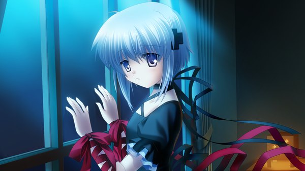 Anime picture 1280x720 with rewrite kagari (rewrite) short hair wide image purple eyes game cg white hair girl dress ribbon (ribbons) black dress