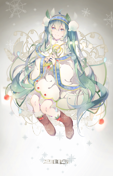 Anime picture 900x1405 with vocaloid hatsune miku yuki miku yuki miku (2015) pudding (8008208820) single long hair tall image looking at viewer fringe blue eyes smile sitting twintails full body ahoge hair flower green hair from above 2015