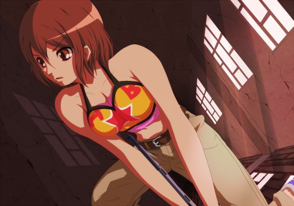 Anime picture 1500x1050 with asobi ni iku yo! kinjou manami short hair red eyes brown hair girl window