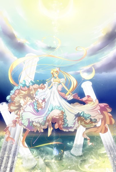 Anime picture 1354x2000 with bishoujo senshi sailor moon toei animation tsukino usagi princess serenity kaminary single tall image blue eyes blonde hair twintails sky cloud (clouds) very long hair girl dress staff pillar column