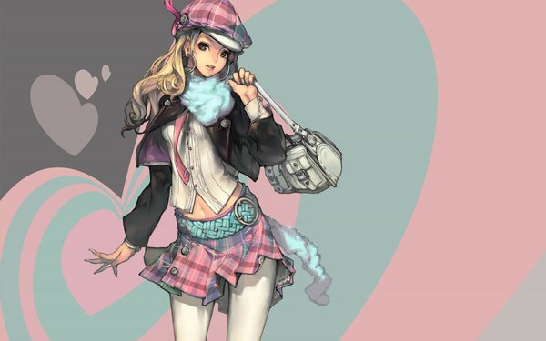 Anime picture 1920x1200 with original ctype single long hair highres open mouth blonde hair wide image standing brown eyes pleated skirt fingernails open clothes open jacket plaid skirt long fingernails plaid girl skirt navel