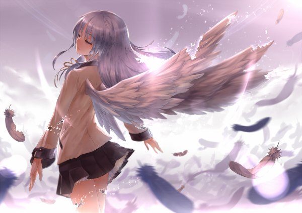 Anime picture 1200x848 with angel beats! key (studio) tachibana kanade 2d (artist) single long hair highres sky eyes closed grey hair from behind aqua hair back angel wings girl skirt uniform school uniform wings serafuku