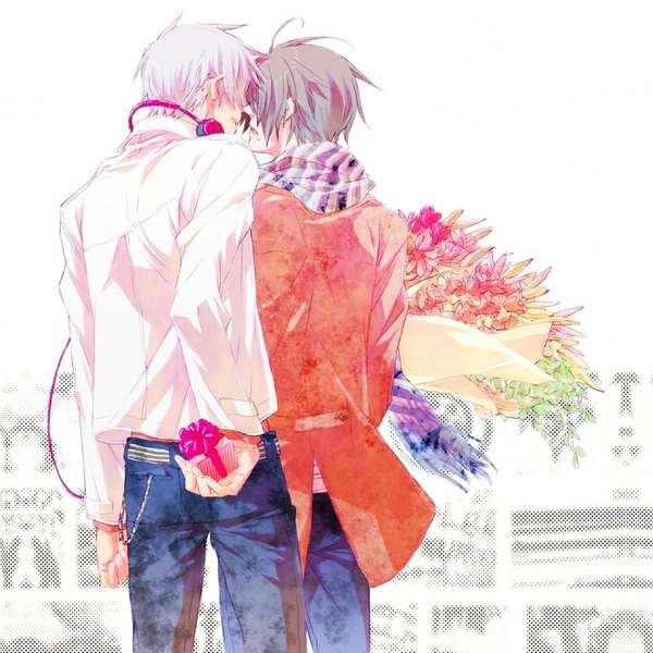 Anime picture 1000x1000 with axis powers hetalia studio deen prussia (hetalia) austria (hetalia) nentan (artist) short hair brown hair standing silver hair from behind mole multiple boys couple back face to face mole under mouth almost kiss boy flower (flowers) jacket