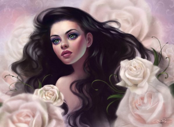 Anime picture 900x654 with original selenada single long hair blush black hair green eyes signed looking away parted lips head tilt lips realistic lipstick wavy hair eyeshadow pink lipstick girl flower (flowers) rose (roses)