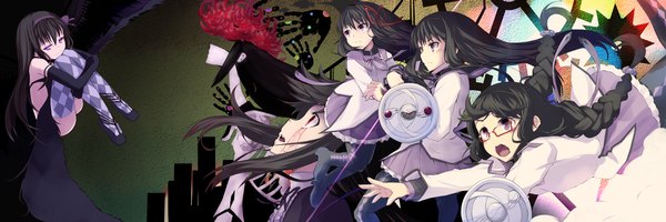 Anime picture 2400x800 with mahou shoujo madoka magica shaft (studio) akemi homura momo (higanbana and girl) long hair blush highres open mouth black hair wide image purple eyes multiple girls braid (braids) multiple persona girl dress wings glasses hairband 5 girls