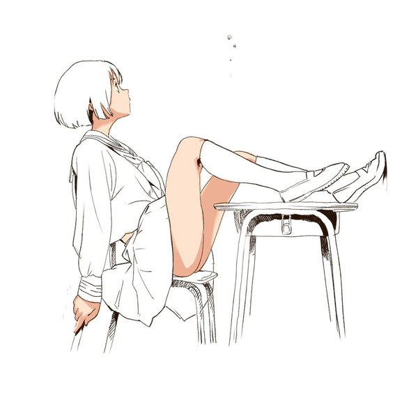 Anime picture 1024x1024 with original tagme (artist) single short hair light erotic simple background white background sitting looking away full body profile monochrome legs up bob cut partially colored girl uniform socks serafuku chair