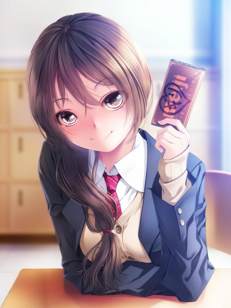 Anime picture 750x1000 with original meiji (brand) rezi single long hair tall image looking at viewer fringe smile hair between eyes brown hair brown eyes indoors head tilt light smile leaning leaning forward classroom girl uniform