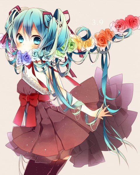 Anime picture 1220x1524 with vocaloid hatsune miku naoto (tulip) single long hair tall image looking at viewer blush twintails aqua eyes aqua hair girl thighhighs dress flower (flowers) ribbon (ribbons) black thighhighs hair ribbon