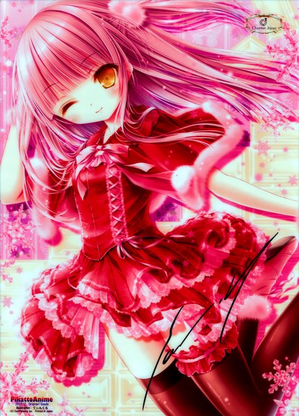 Anime picture 2491x3458 with original tinker bell single long hair tall image looking at viewer highres pink hair one eye closed wink scan loli orange eyes girl thighhighs dress flower (flowers) black thighhighs frills
